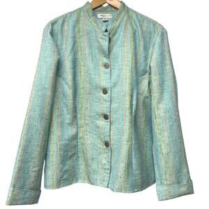 Vintage Coldwater Creek Blue Green Striped Tweed Button Up Jacket Blazer Sz XL